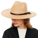 99000, FELT FEDORA WIDE BRIM HAT WITH BLACK LEATHER TRIM