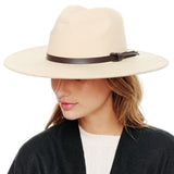 99000, FELT FEDORA WIDE BRIM HAT WITH BLACK LEATHER TRIM