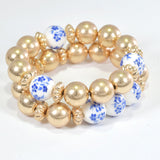 99117, FLORAL CERAMIC WITH BALL BEAD MULTI LAYERED STRETCH BRACELET