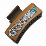 99206, EMBOSSED FEATHER LEATHER RECTANGULAR GRANDER HAIR CLAW