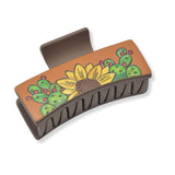 99206, EMBOSSED SUNFLOWER LEATHER RECTANGULAR GRANDER HAIR CLAW