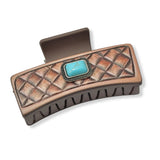 99207, EMBOSSED TURQUOISE STONE LEATHER RECTANGULAR GRANDER HAIR CLAW