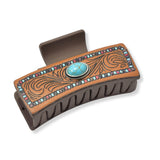 99207, EMBOSSED OVAL TURQUOISE STONE LEATHER RECTANGULAR GRANDER HAIR CLAW