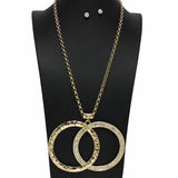 99266, HAMMERED DOUBLE RING WITH RHINESTONE LONG PENDANT NECKLACE