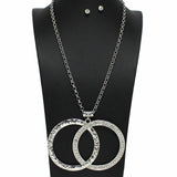 99266, HAMMERED DOUBLE RING WITH RHINESTONE LONG PENDANT NECKLACE