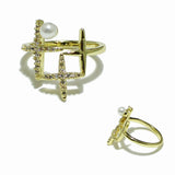 99381, CROSS CRYSTAL RHINESTONE WITH PEARL CUFF ADJUSTABLE RING