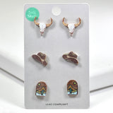99519, WESTERN THEME WOOD STUD EARRING SET
