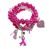99524, PINK RIBBON THEME PEARL MULTI LAYERED STRETCH BRACELET