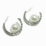 99525, BAGUETTE RHINESTONE WITH PEARL CHAIN HOOP EARRING