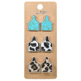 99536, COW TAG TURQUOISE STONE & LEOPARD FUR STUD EARRING SET