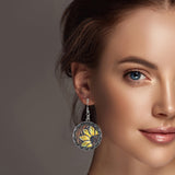 99541, SUNFLOWER ROUND WOOD ACCENT DANGLE EARRING