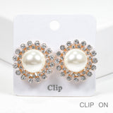 99595, ROUND PEAL WITH RHINESTONE CLIP ON EARRING