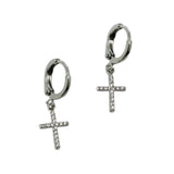 99725, RHODIUM DIPPED, DAINTY CZ CROSS DANGLE HUGGIE EARRING