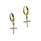 99725, 14K GOLD DIPPED, DAINTY CZ CROSS DANGLE HUGGIE EARRING