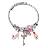 99842, ENAMEL HIGH HEELS LIPSTICK & KEY CHARM OPEN CUFF BRACELET