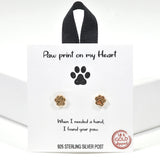 99888, GOLD DIPPED, "PAW PRINT ON MY HEART" STUD EARRING/925 STERLING SILVER POST