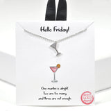 99904, GOLD DIPPED, "HELLO FRIDAY!" DAINTY WINE GLASS CHARM CZ NECKLACE