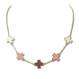 NW73020MU-2 9 · Leather Cross Station Necklace – Gold/Pink Multi
