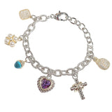 107220, 14K GOLD PLATED HEART CROSS CUBIC ZIRCONIA MICRO PAVE GEOMETRIC MULTI CHARM BRACELET