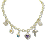 107613, 14K GOLD PLATED HEART CROSS PEARL CUBIC ZIRCONIA MULTI CHARM DESIGNER INSPIRED NECKLACE