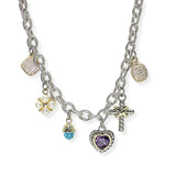 107613, 14K GOLD PLATED HEART CROSS PEARL CUBIC ZIRCONIA MULTI CHARM DESIGNER INSPIRED NECKLACE