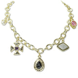108773, 14K GOLD PLATED GEOMETRIC CUBIC ZIRCONIA MULTI CHARM DESIGNER INSPIRED NECKLACE