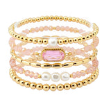 108541, GEOMETRIC GLASS STONE FRESHWATER PEARL ACCENT MULTI LAYERED BEADED STRETCH BRACELET