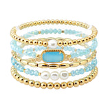 108541, GEOMETRIC GLASS STONE FRESHWATER PEARL ACCENT MULTI LAYERED BEADED STRETCH BRACELET