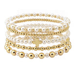 107312, CROSS ACCENT BALL PEARL BEADED MULTI LAYERED STRETCH BRACELET