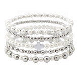 107312, CROSS ACCENT BALL PEARL BEADED MULTI LAYERED STRETCH BRACELET