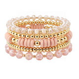 108534, WOOD ACCENT GLASS BEADED MULTI LAYERED STRETCH BRACELET