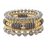 108534, WOOD ACCENT GLASS BEADED MULTI LAYERED STRETCH BRACELET