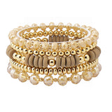 108534, WOOD ACCENT GLASS BEADED MULTI LAYERED STRETCH BRACELET