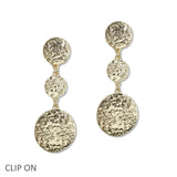 108434, HAMMERED ROUND DROP METAL DANGLE CLIP ON EARRING