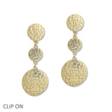 108434, HAMMERED ROUND DROP METAL DANGLE CLIP ON EARRING