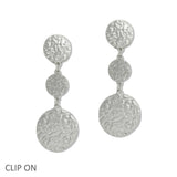 108434, HAMMERED ROUND DROP METAL DANGLE CLIP ON EARRING