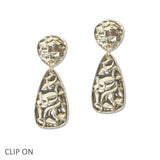 108345, HAMMERED GEOMETRIC METAL DANGLE CLIP ON EARRING