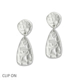 108345, HAMMERED GEOMETRIC METAL DANGLE CLIP ON EARRING