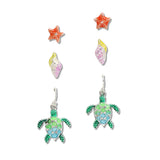 107810, OCEAN THEMED STARFISH SEASHELL SEA TURTLE 3 PAIR STUD EARRING SET