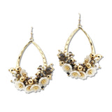 108636, FLOWER PEARL GLASS BEAD CLUSTER HAMMERED TEARDROP DANGLE EARRING