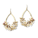 108636, FLOWER PEARL GLASS BEAD CLUSTER HAMMERED TEARDROP DANGLE EARRING