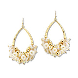 108636, FLOWER PEARL GLASS BEAD CLUSTER HAMMERED TEARDROP DANGLE EARRING