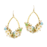 108636, FLOWER PEARL GLASS BEAD CLUSTER HAMMERED TEARDROP DANGLE EARRING