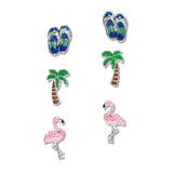 107811, TROPICAL THEMED FLIP FLOP PALM TREE FLAMINGO 3 PAIR STUD EARRING SET