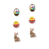 107172, 3 PAIRS EASTER THEME EGG BASKET CHICK BUNNY RABBIT STUD EARRING SET