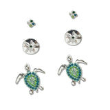 108018, OCEAN THEMED PAVE SEA TURTLE 3 PAIR STUD EARRING SET