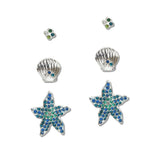 108017, OCEAN THEMED PAVE STARFISH 3 PAIR STUD EARRING SET