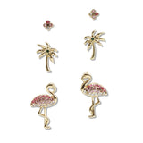 107812, TROPICAL THEMED FLAMINGO PALM TREE 3 PAIR STUD EARRING SET