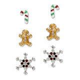 108364, CHRISTMAS CANDY CANE GINGERBREAD MAN SNOWFLAKE GLITTER ENAMEL 3 PAIR STUD EARRING SET