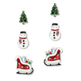 108362, CHRISTMAS TREE SLEIGH SNOWMAN GLITTER ENAMEL 3 PAIR STUD EARRING SET